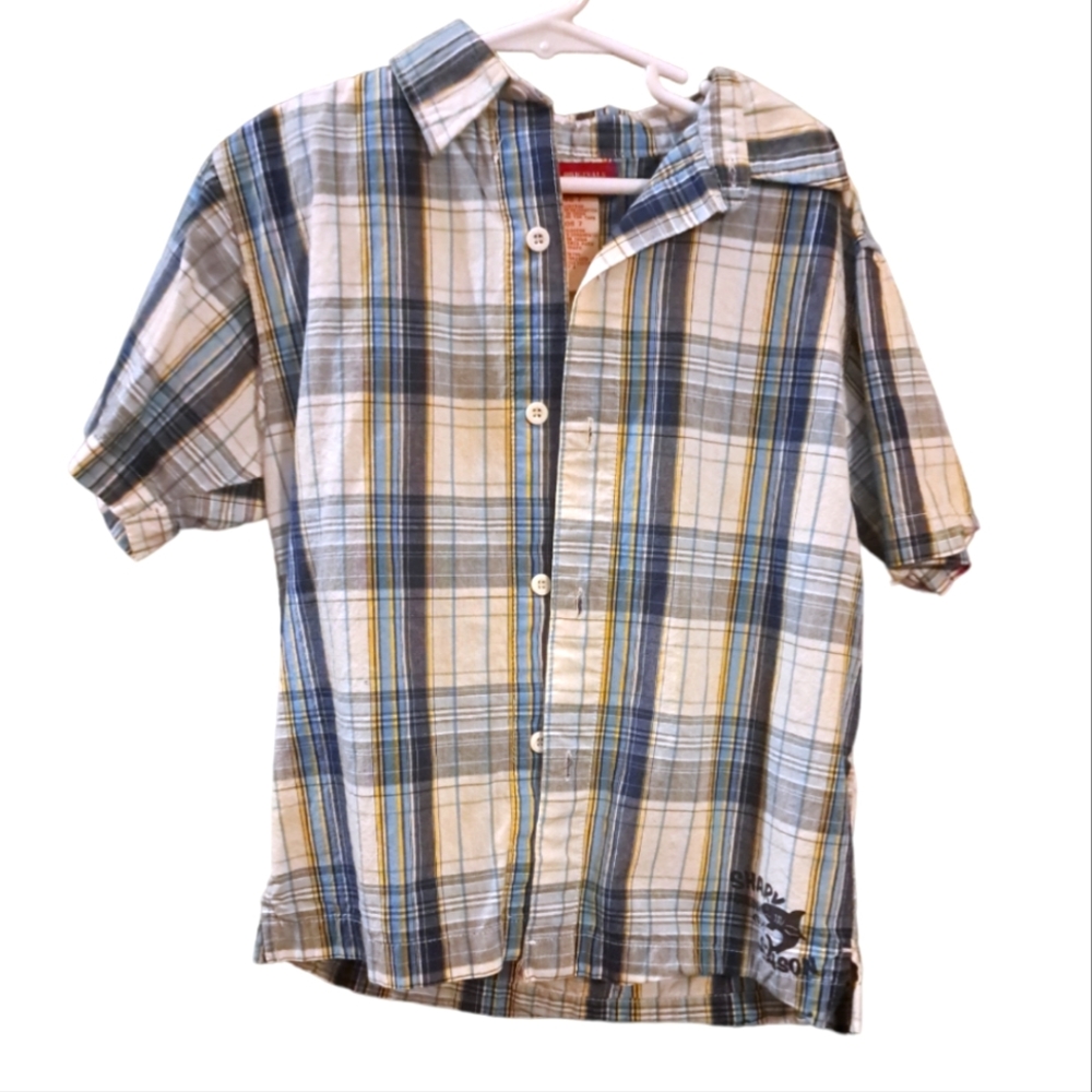 3 for $20! Kids boy size 7 Faded Glory Plaid Button Down Shirt Blue Yellow White